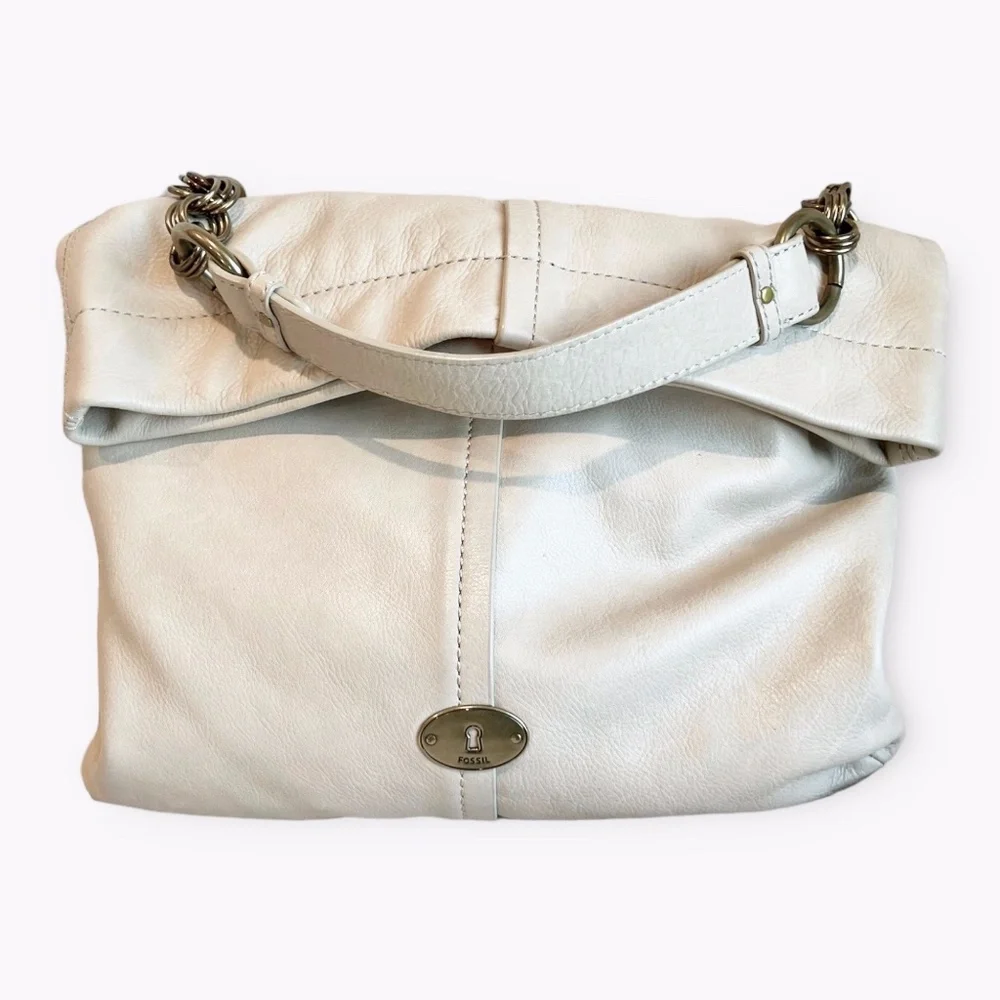 Fossil Quinn Ivory Pebbled Leather Foldover Hobo Bag